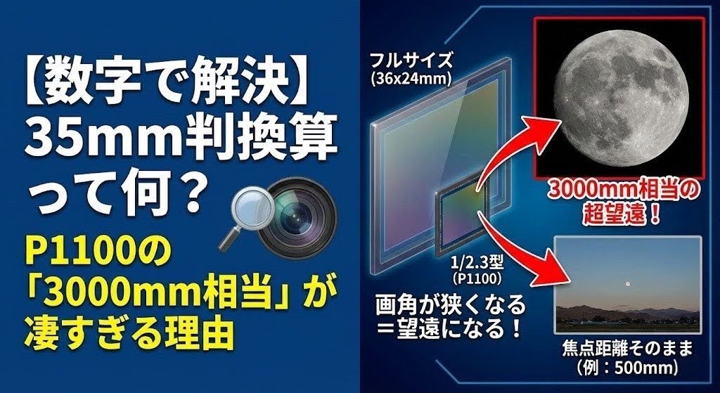 35mm判換算の仕組みと、Nikon P1100の3000mm相当の超望遠パワーを表現したアイキャッチ画像。フルサイズと1/2.3型のセンサー比較が含まれている。