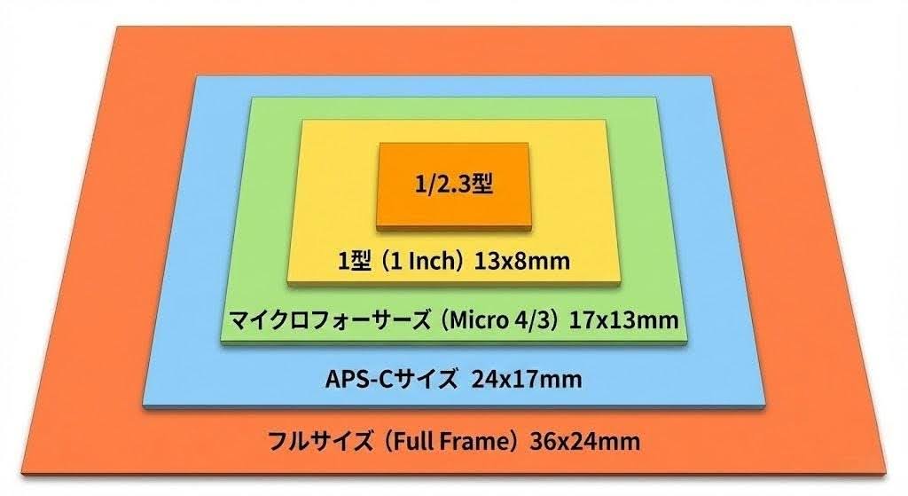 フルサイズ、APS-C、マイクロフォーサーズ、1型、1/2.3型の各センサーサイズを中央基準で重ねて比較した図解。それぞれの面積の違いを視覚的に示している。