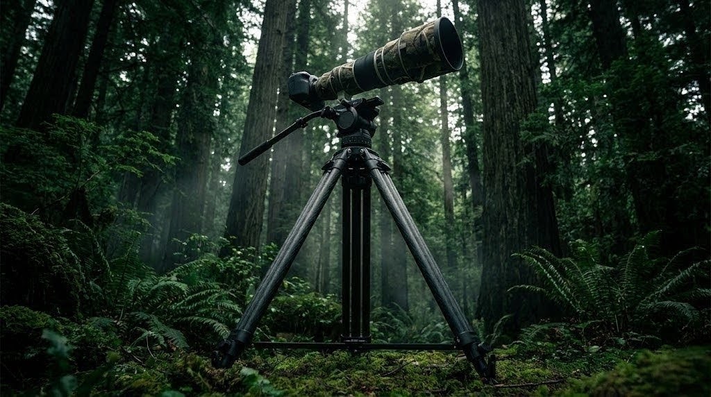 迷彩カバーを装着した極太カーボンのINNOREL RT90C三脚と超望遠レンズ