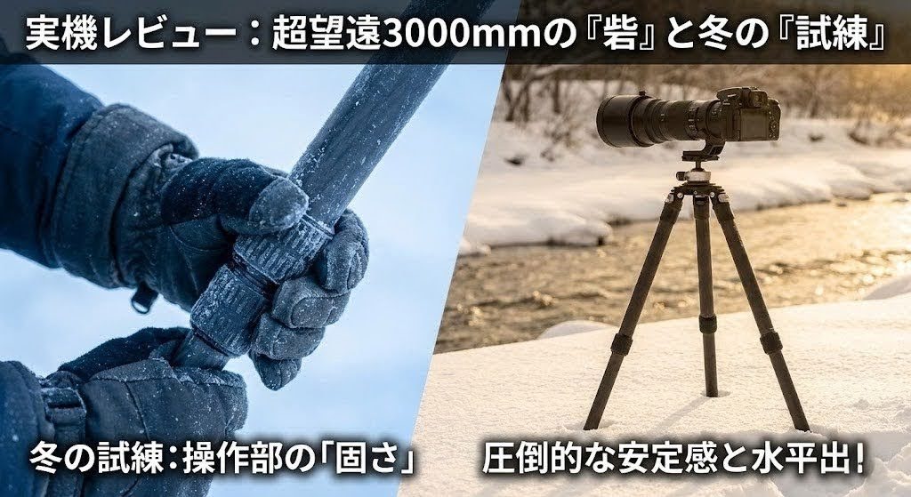 雪の降る河原に設置された、ロゴのない大型カーボン三脚と超望遠カメラ。三脚のレベリングボウル部分のアップと、寒さで凍えた手でジョイントを操作する様子の対比図。