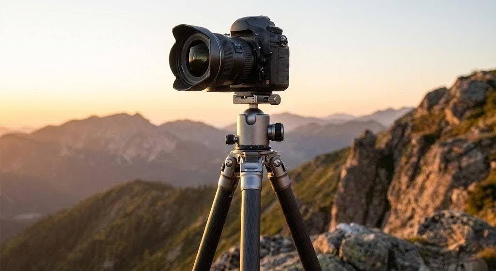 凍てつく山頂の岩場で雲海を前に立つLeofotoサミットシリーズ三脚(LM-364C)とカメラ