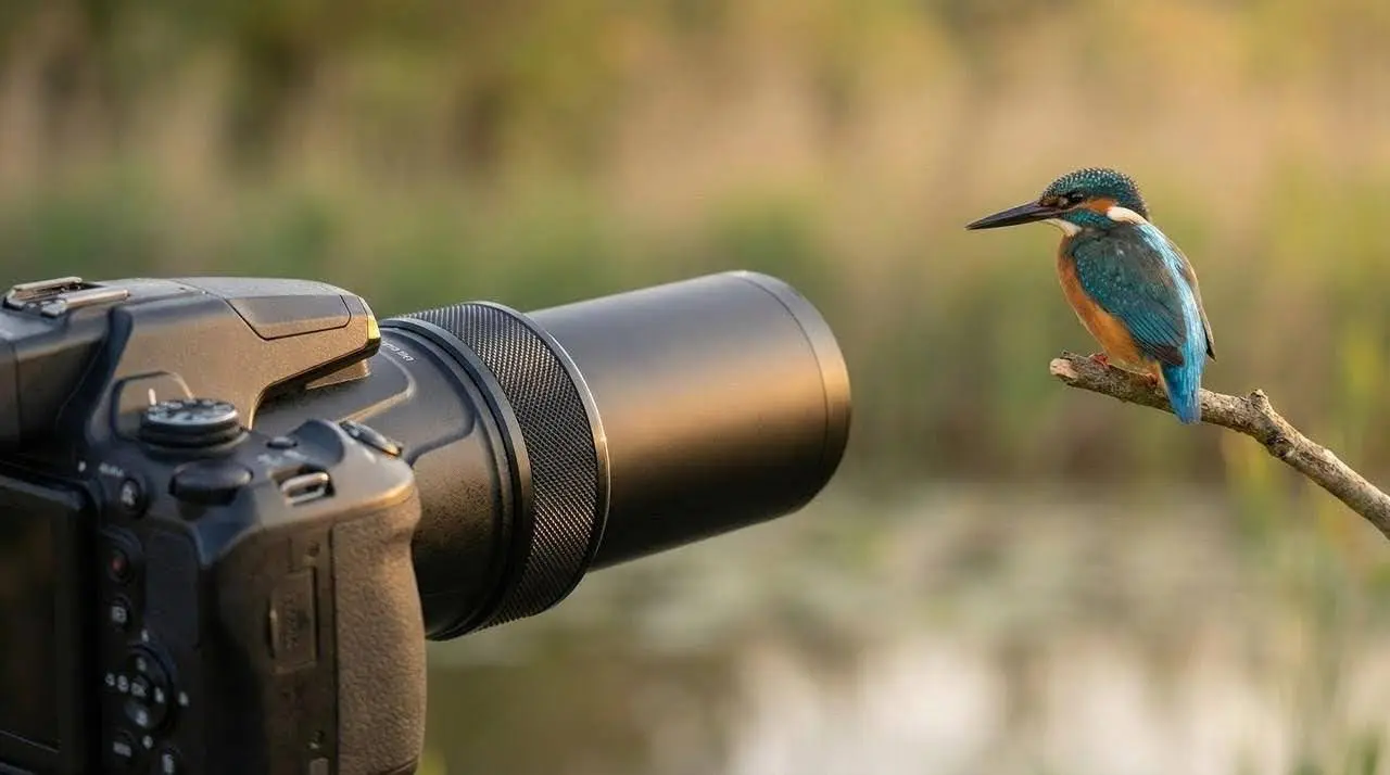 野鳥撮影をイメージした超望遠カメラNikon P1100とカワセミのコンセプト画像
