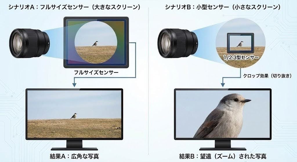 フルサイズセンサーと1/2.3型小型センサーにおける「クロップ効果（切り抜き）」の違いを比較した図解。同じレンズで撮影した際に、センサーサイズが小さいと被写体が大きく（望遠に）写る仕組みを説明している。