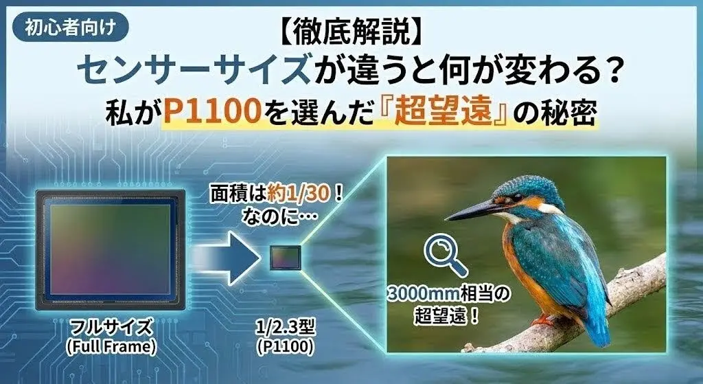 フルサイズ一眼とNikon P1100のセンサーサイズを比較し、小さいセンサーが野鳥撮影の「超望遠」に有利な理由を表現したアイキャッチ画像。