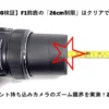 F1鈴鹿サーキットなどのカメラ持ち込み制限「全長26cm」に対し、Nikon P1100が何ミリまでズームできるかメジャーで実測検証しているアイキャッチ画像。「ズーム限界は235mm」というテキストデザイン。
