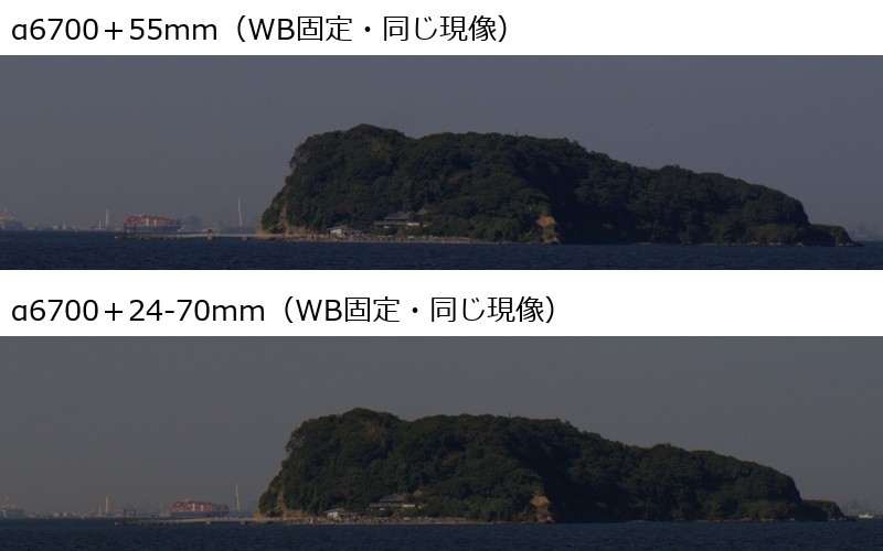 ホワイトバランスを固定して同じ条件で現像した55mmと24-70mm